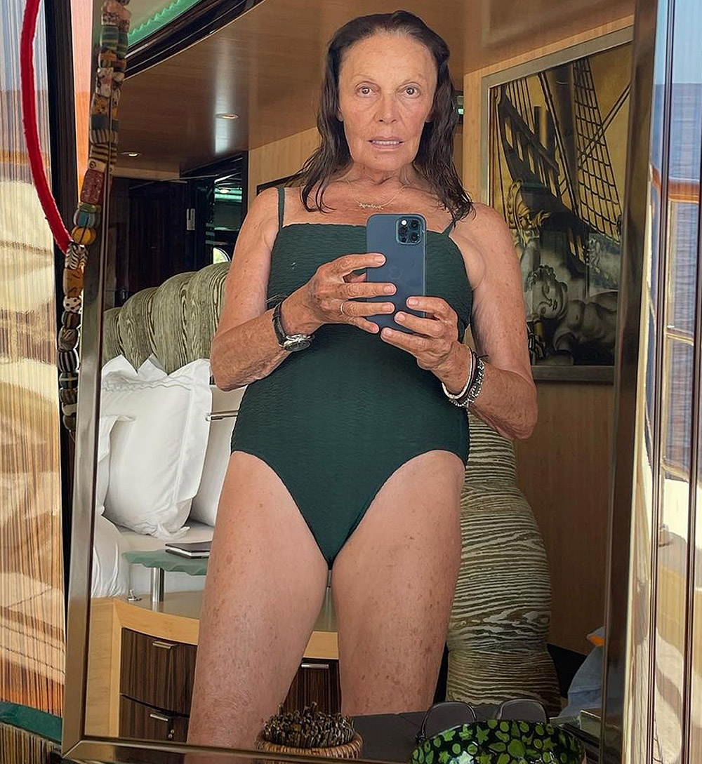 Diane von Furstenberg in a green bathing suit