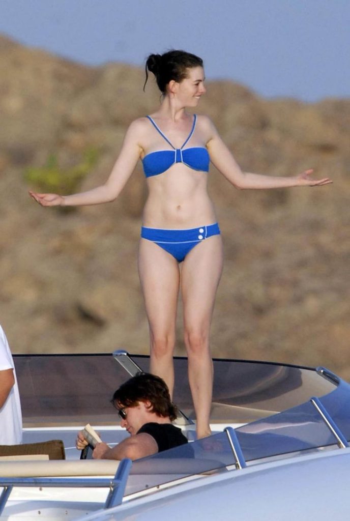 Anne Hathaway in a blue bikini